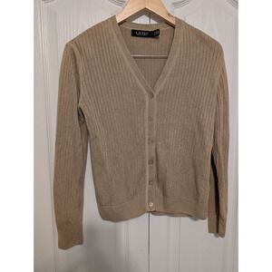 Lauren Ralph Lauren women's tan V-neck button up cardigan sweater size Small